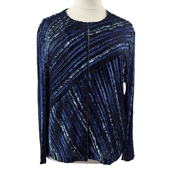 Chico's Travelers Collection Blue Black Ribbon Stripe Mesh Topper Jacket Sheer - Picture 1 of 8